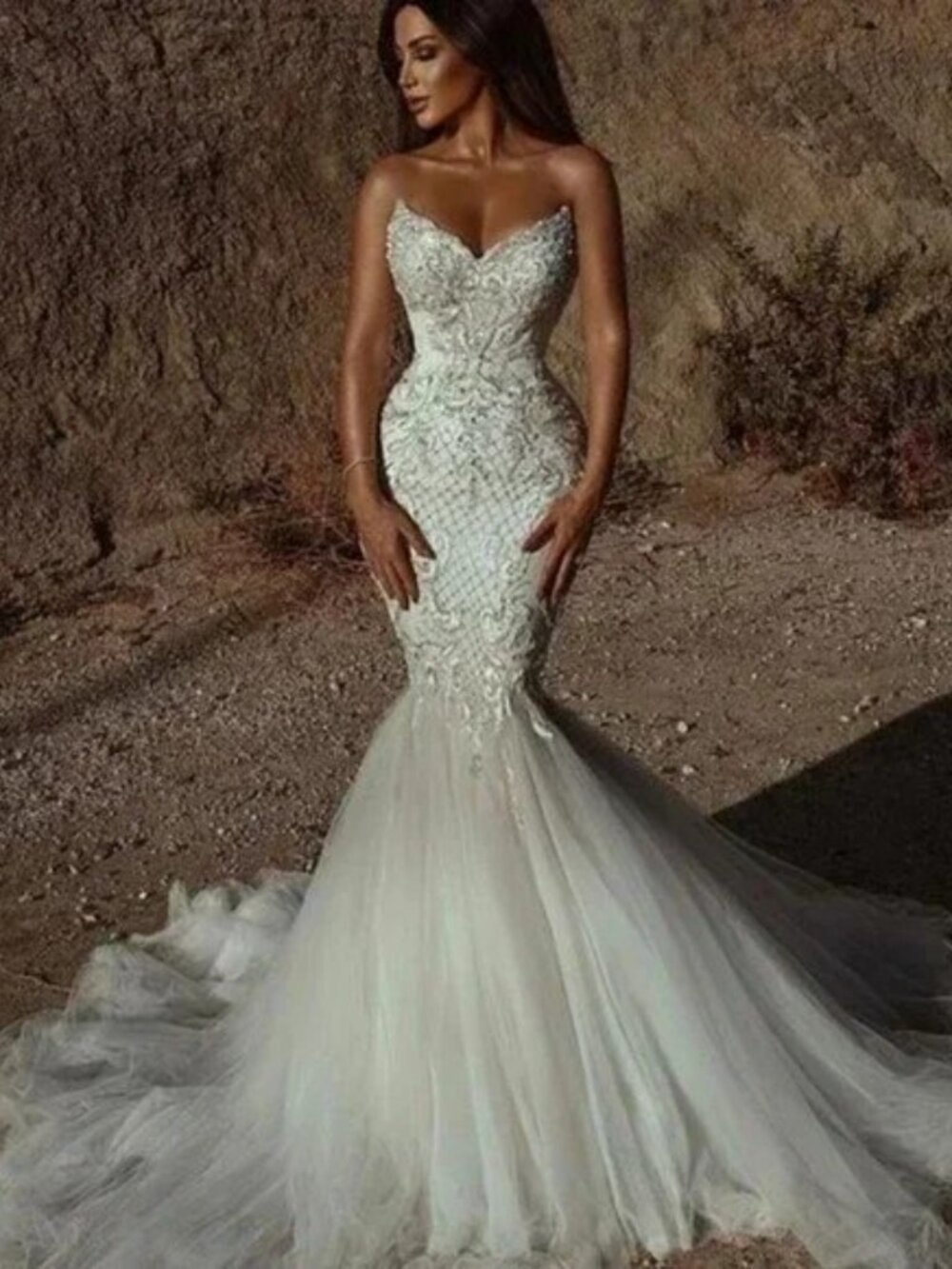 IS-NWT Luxury White Mermaid Long Wedding Dress Boho Lace Beaded Bridal Gown